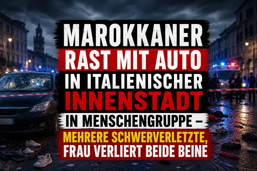 German news graphic about a car driving into a crowd in an Italian city center, showing a damaged vehicle and emergency