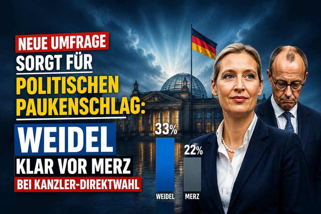 German political poll graphic showing Alice Weidel leading Friedrich Merz before the Reichstag building.