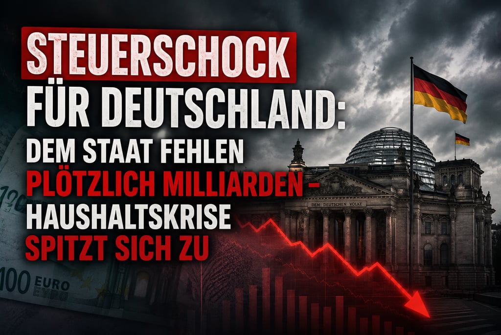 German Reichstag building under dark clouds with a red declining arrow and text about the tax shock and budget crisis.