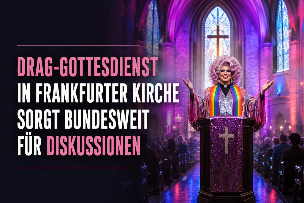 A drag queen in a rainbow robe leads a church service in Frankfurt, promoting LGBTQ+ inclusion.