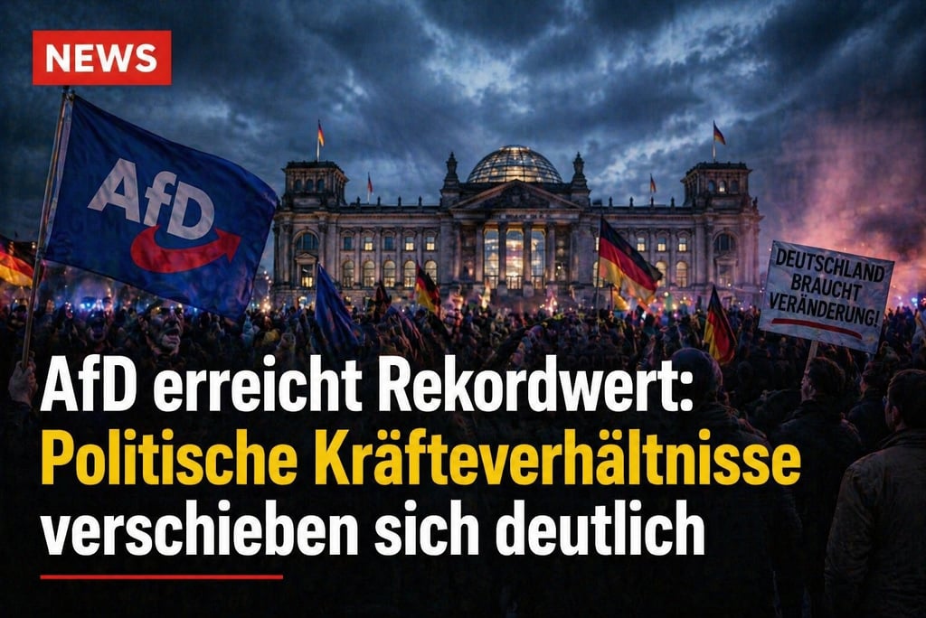 Crowd with AfD flags protesting at night in front of the Reichstag building in Berlin.