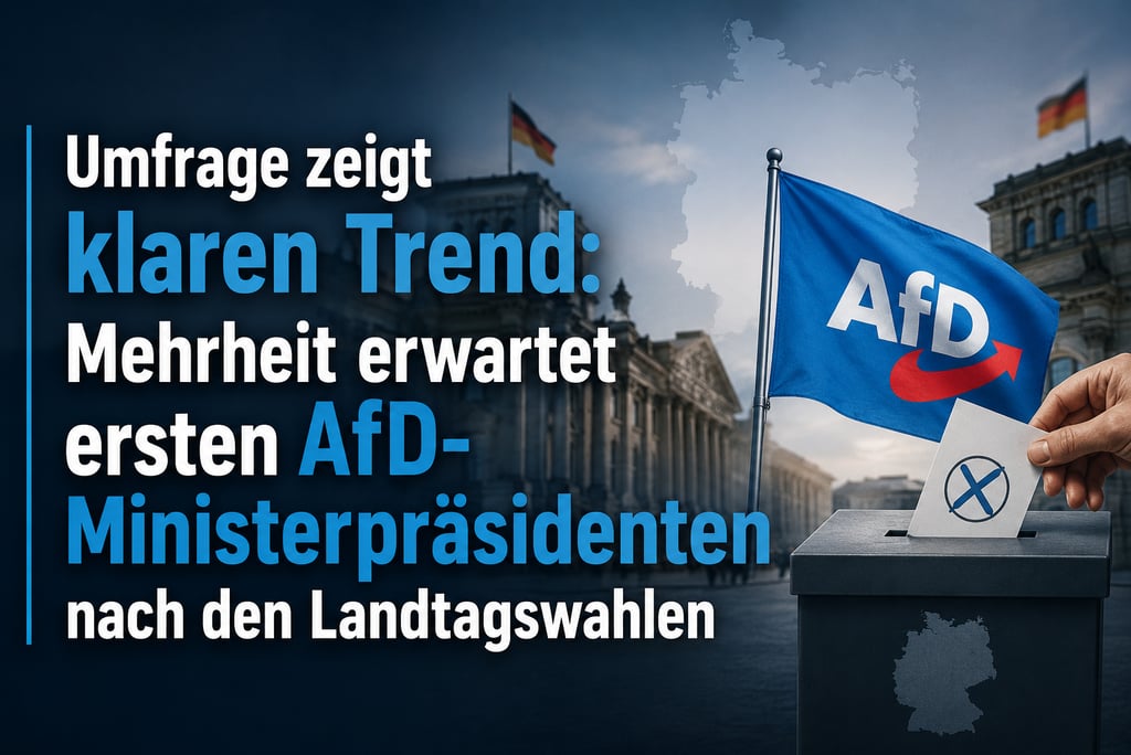 A hand places a ballot into a box featuring the AfD logo and German parliament building background.