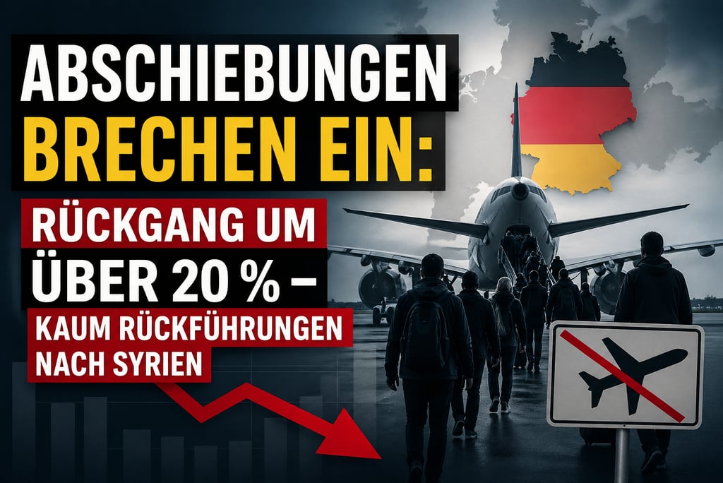 Infographic showing decline in German deportations with passengers boarding an airplane and a red arrow pointing down.