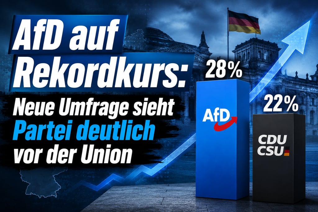 German political poll graphic showing AfD at 28% leading CDU/CSU at 22% in front of the Reichstag building.