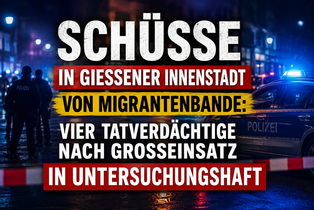 German news headline about shots in Giessen city center featuring police cars and officers at night.