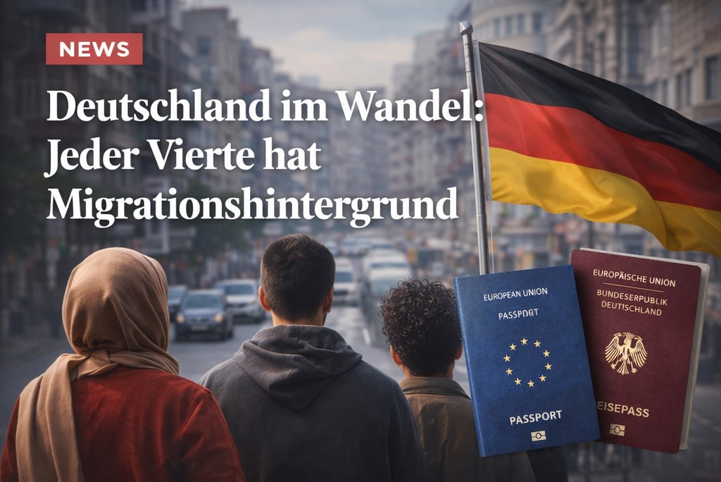 Diverse group in Germany with German passports and flag discussing migration background statistics.