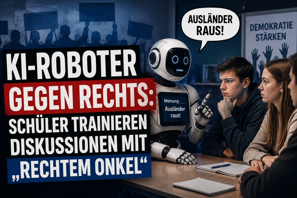 Students training with an AI robot to practice democratic discussions against right-wing slogans.