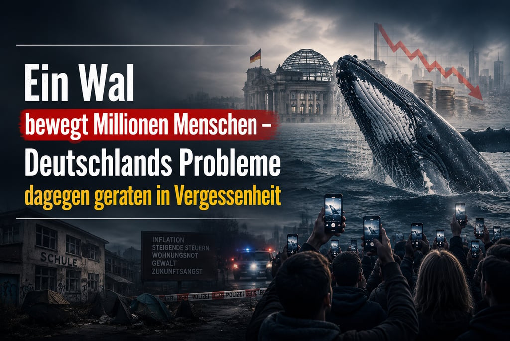 A surreal image of a whale breaching near the Reichstag, illustrating German social issues and economic decline.