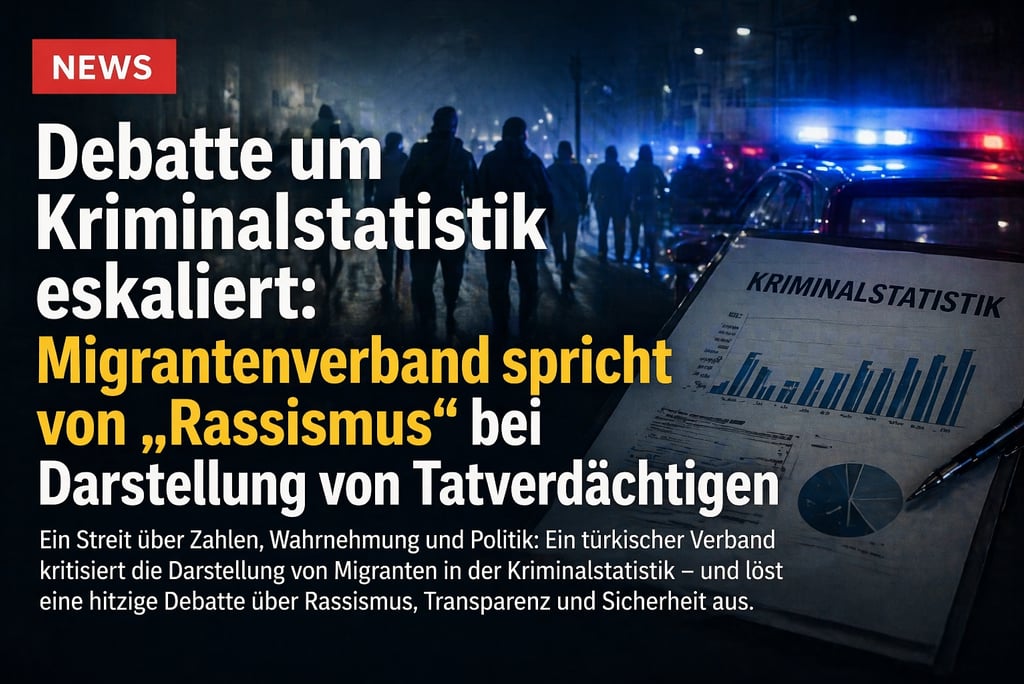 A German news graphic about crime statistics and racism featuring police cars and silhouetted figures at night.