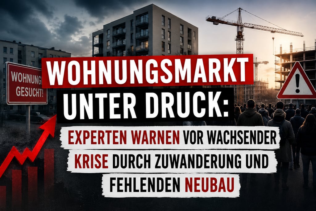 Krise am Wohnungsmarkt mit Neubau-Baustelle, Kränen und Text über Wohnungsmangel.