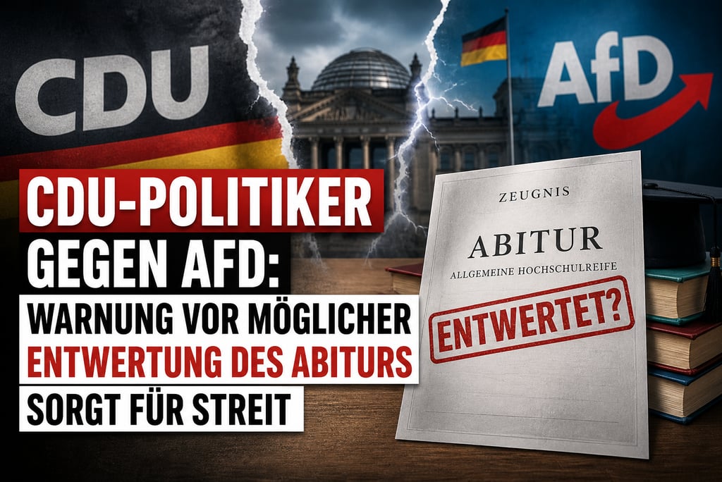 Political graphic showing CDU and AfD logos over the Reichstag, debating the devaluation of the German Abitur certificate.