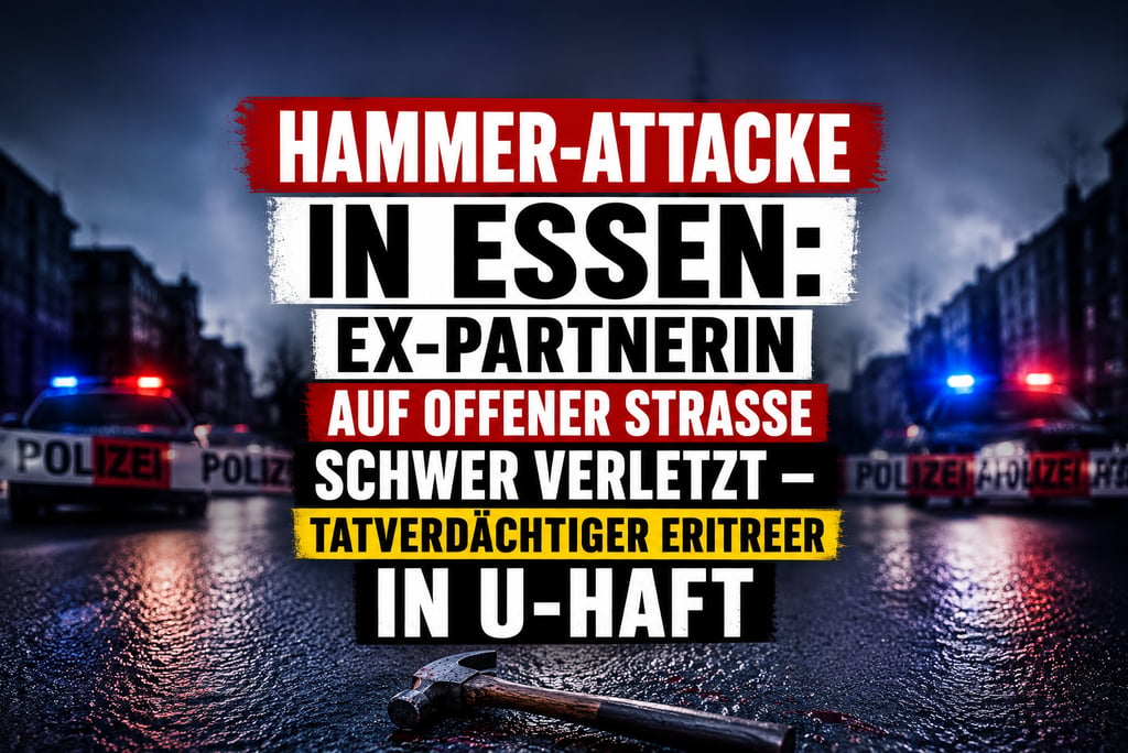 Police cars with blue lights at a crime scene in Essen after a hammer attack on a woman.