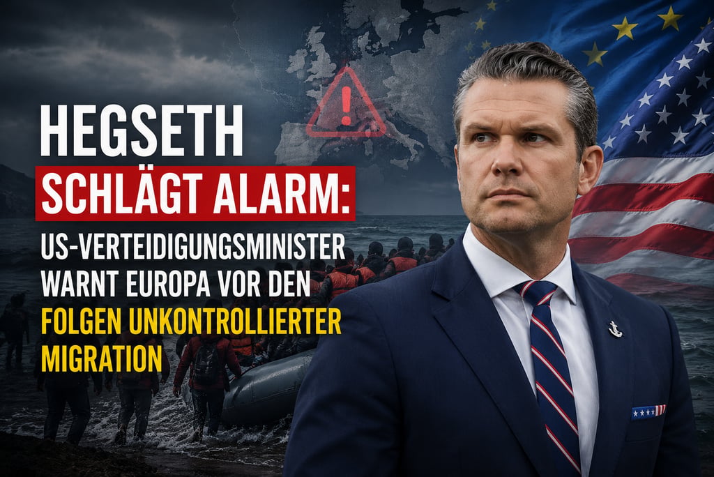 Pete Hegseth portrait with German text warning Europe about migration, featuring US and EU flags.