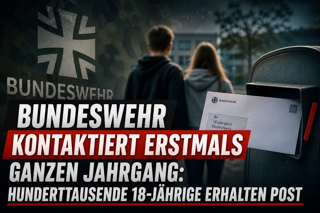 German Bundeswehr letter in a mailbox with young people and military logo in the background.