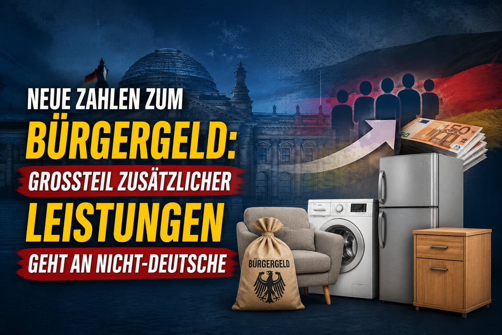 Infographic showing German Burgergeld social benefits with Reichstag building, cash, and household appliances.