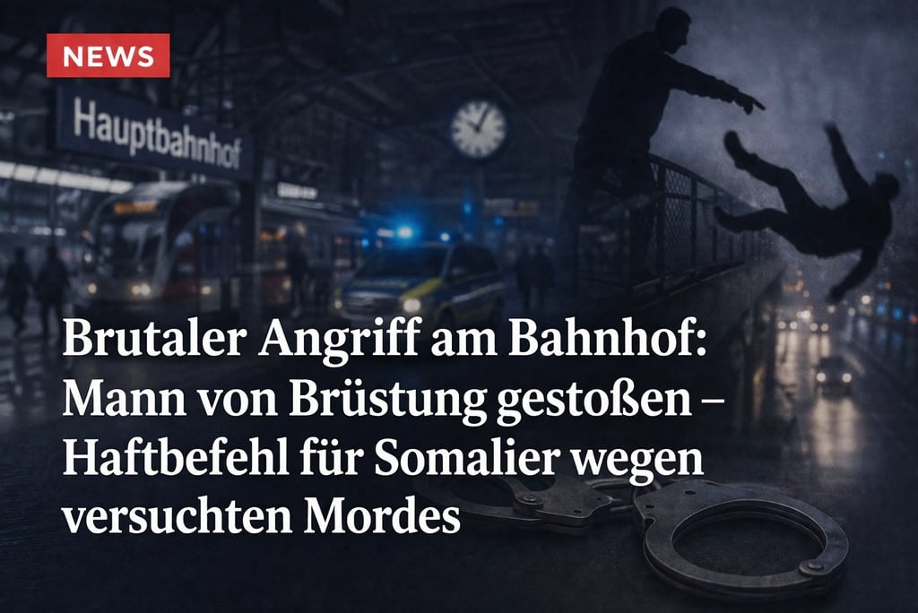 A news graphic depicting a silhouette of a person falling from a railing at a German train station.