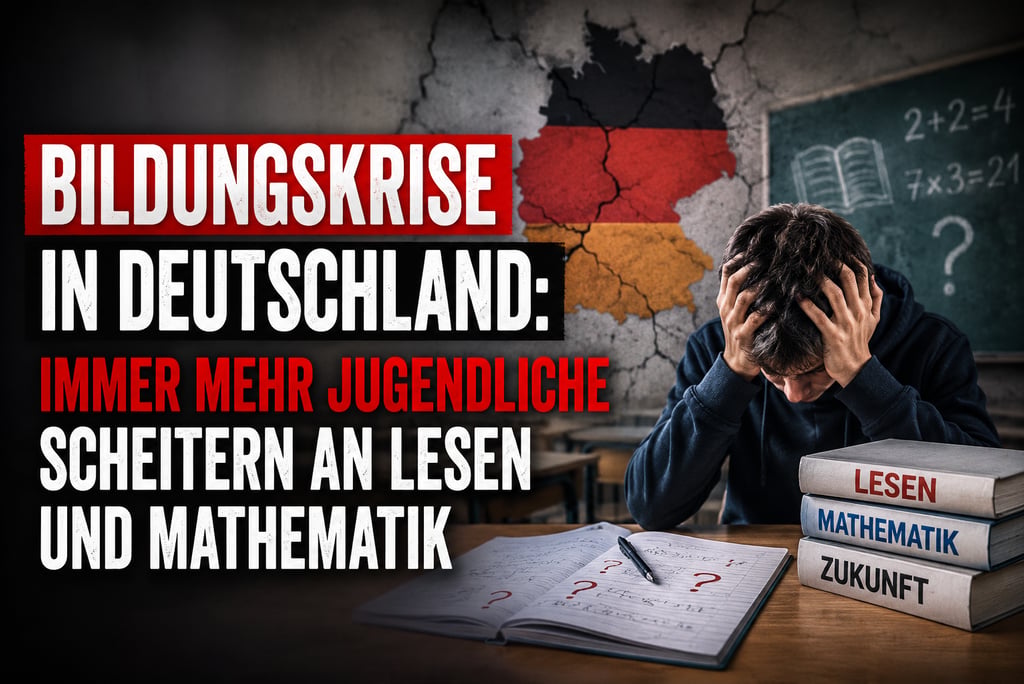 A frustrated student sits at a desk reflecting the German education crisis in reading and math.
