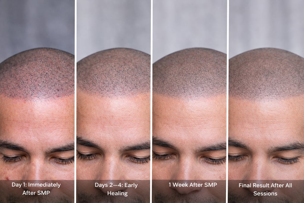 Scalp micropigmentation healing timeline showing day 1 after treatment, days 2–4 early healing, one