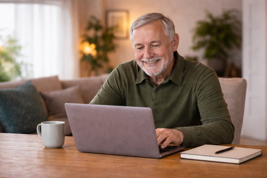 Older man confidently using laptop after cyber safety guidance