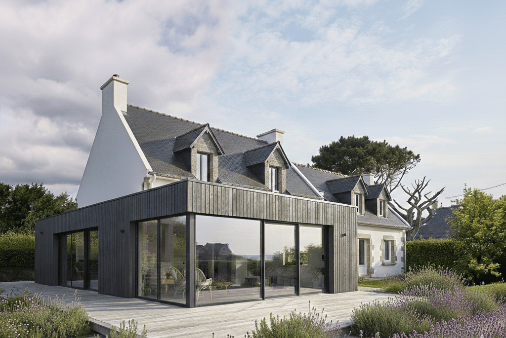Extension contemporaine devant une maison néo bretonne dans le Morbihan