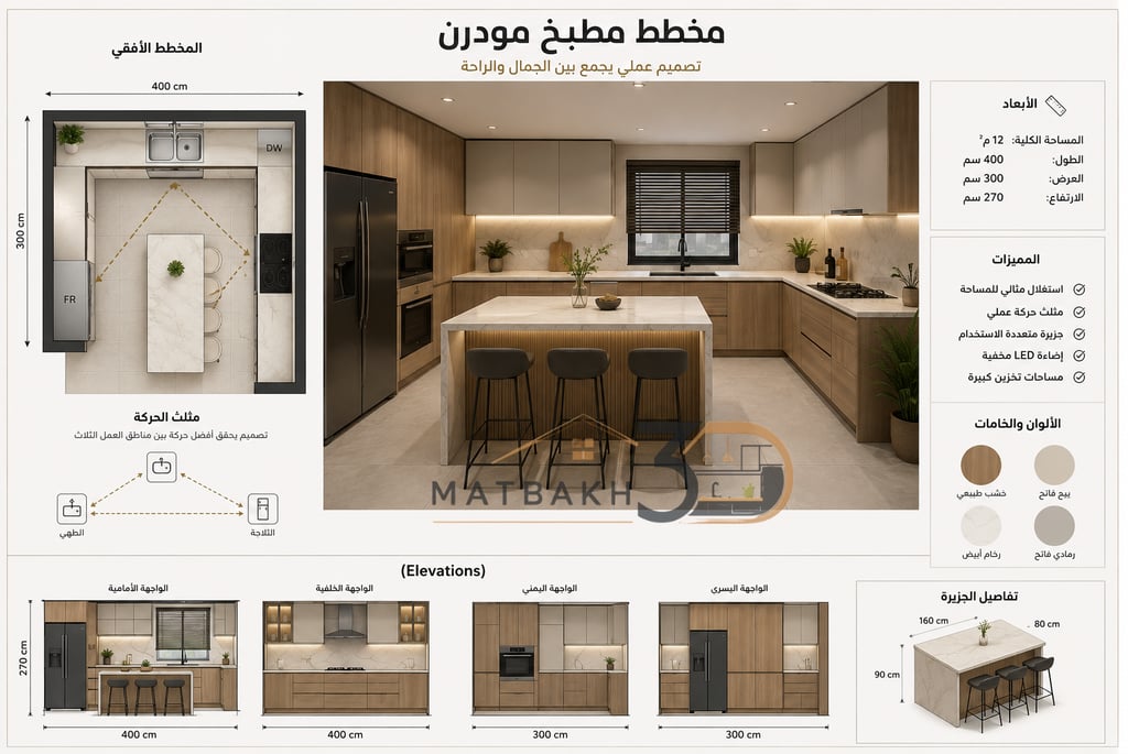 مخطط مطبخ مودرن على شكل U مع جزيرة وسطية يوضح توزيع الأجهزة، مثلث الحركة، الأبعاد، والواجهات التنفيذية بتصميم عصري عملي.