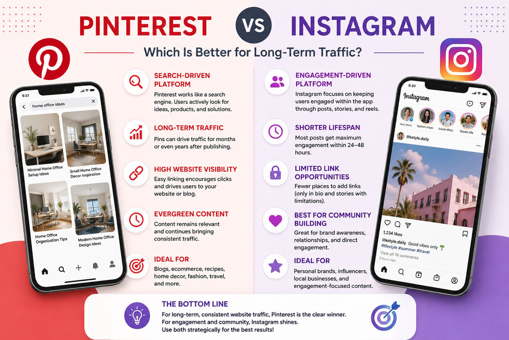 Infographic comparing Pinterest vs Instagram for long-term traffic and social media marketing strategy.