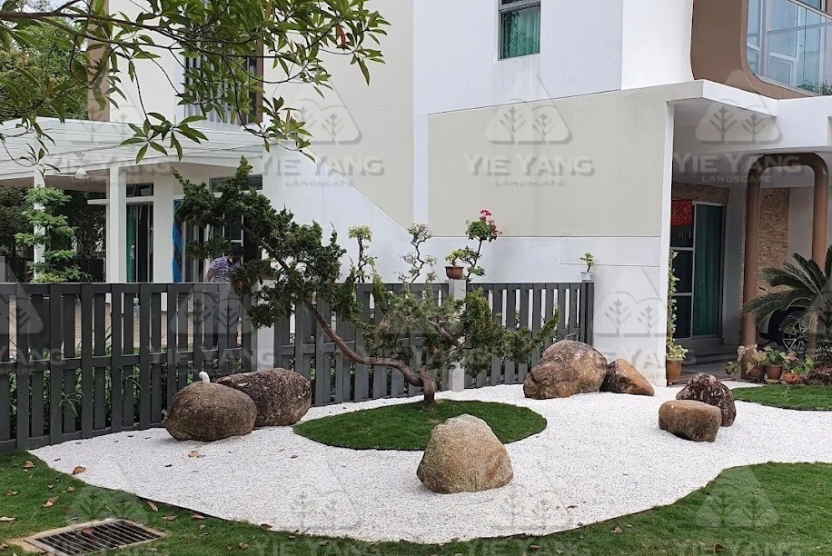 Zen front yard with white pebbles at Setia Eco Glades, Cyberjaya. - Yie Yang Landscape
