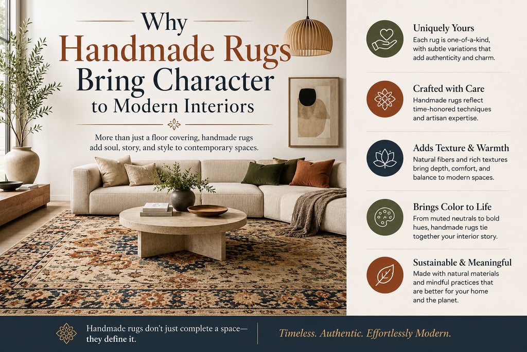 Handmade rug in a modern interior showing texture, warmth, natural materials, craftsmanship, and tim