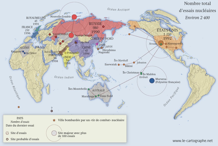 Carte mondiale des essais nucléaires depuis 1950