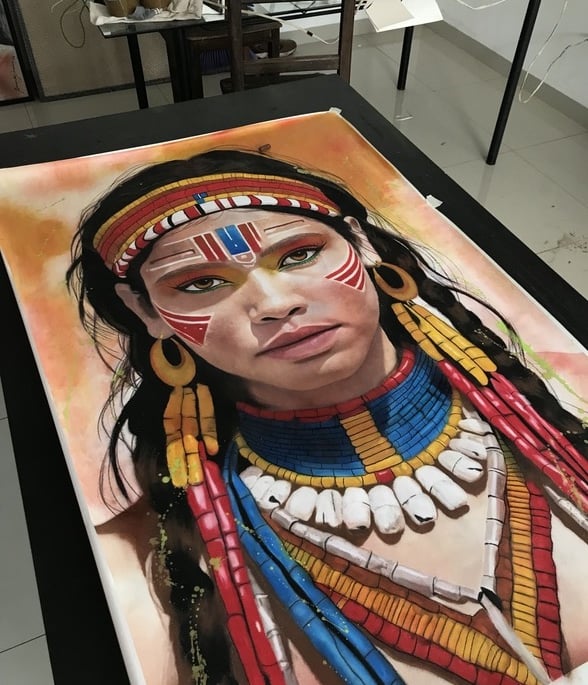 Pintura de uma india feito pela artista visual Amanda Amorim