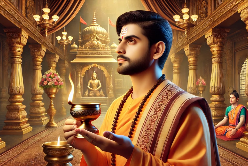 एक हिंदू पुजारी पारंपरिक मंदिर में पवित्र अनुष्ठान करते हुए, हाथ में दीपक और मंत्रोच्चार के साथ। 