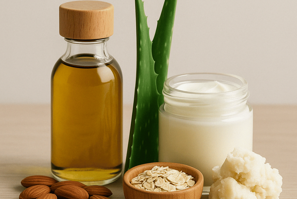 Piel hidratada naturalmente con ingredientes como aceites, aloe vera y avena