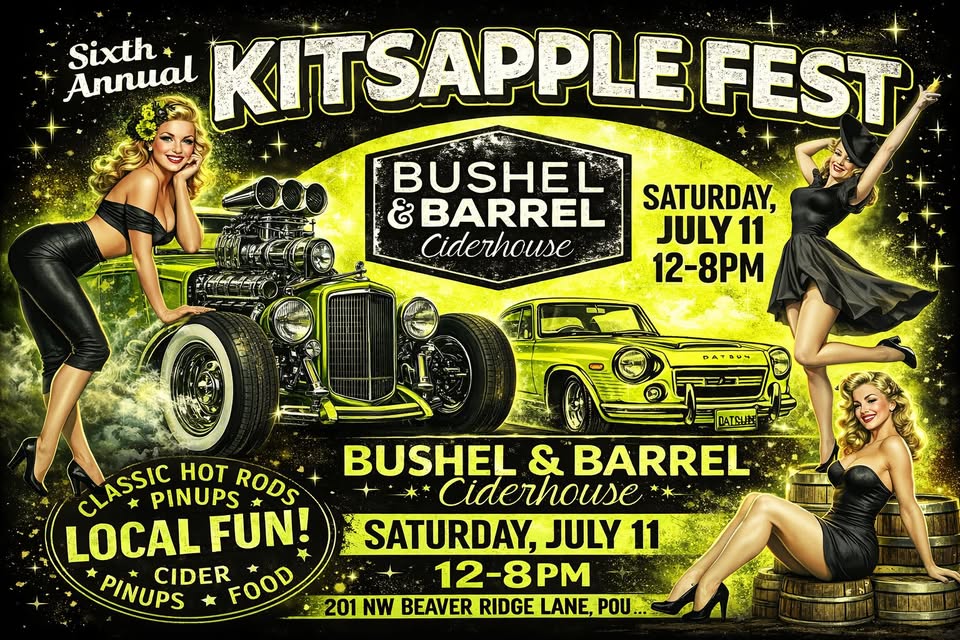 Poster for Kitsapple Fest featuring vintage pinup models, a classic hot rod, and a Datsun car at Bushel and Barrel