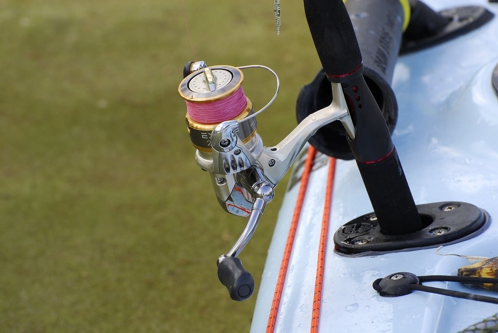 a fishing reel with pink fishing line