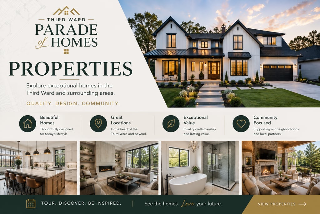 Third Ward Parade of Homes real estate flyer featuring a luxury farmhouse exterior and modern interior rooms.
