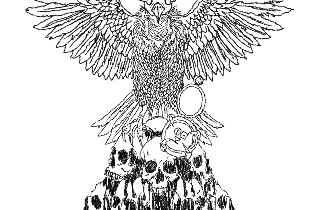 Gothic black and white line art of a crow with antlers perched atop a pile of melting human skulls.