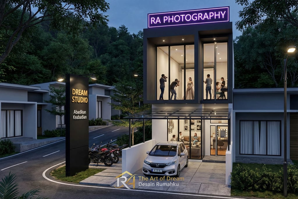 Render arsitektur 3D suasana malam bangunan studio foto modern dua lantai dengan fasad kaca besar.