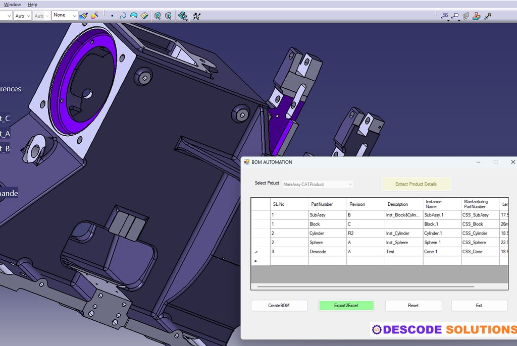 Image depicts BOM automation tool developed using CATIA Automation