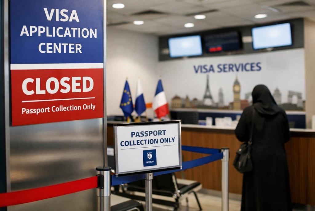 A closed visa application center sign with a person waiting for passport collection services.
