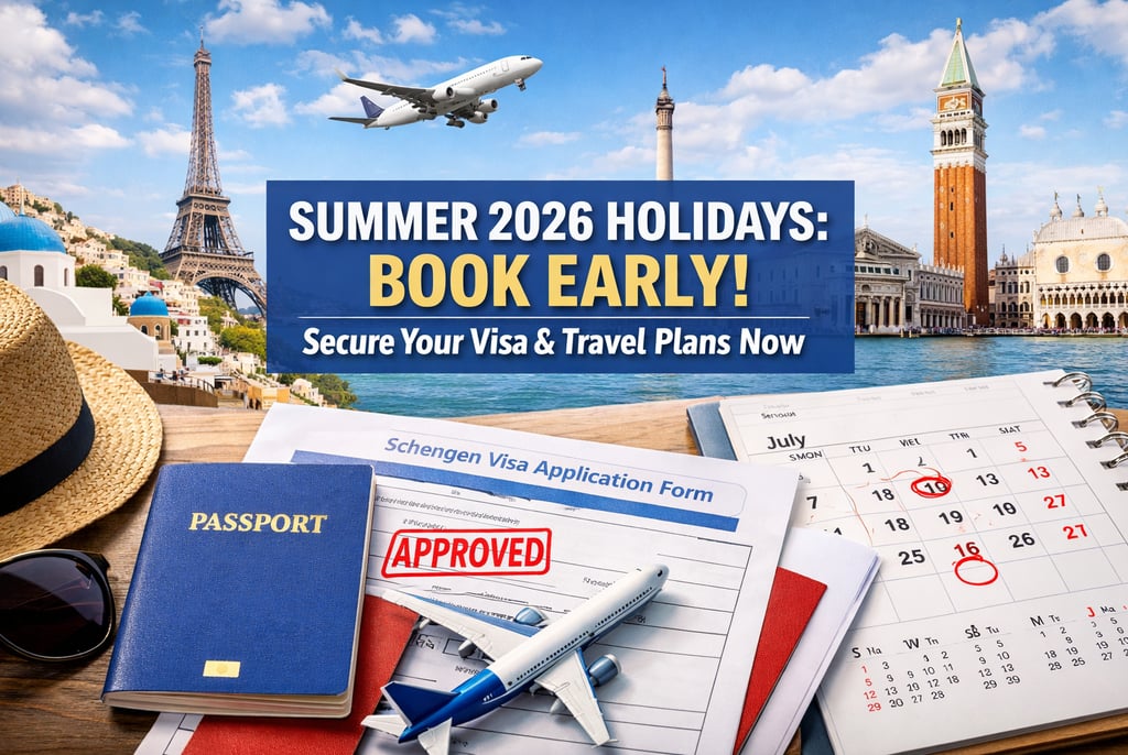 Approved Schengen visa application form with a passport, travel calendar, and European landmarks for 2026 holidays.