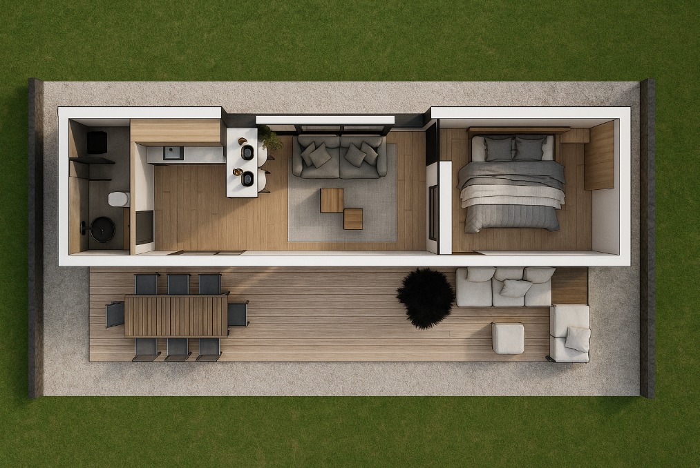 Planta superior de tiny house de construcción modular con distribución interior y terraza exterior