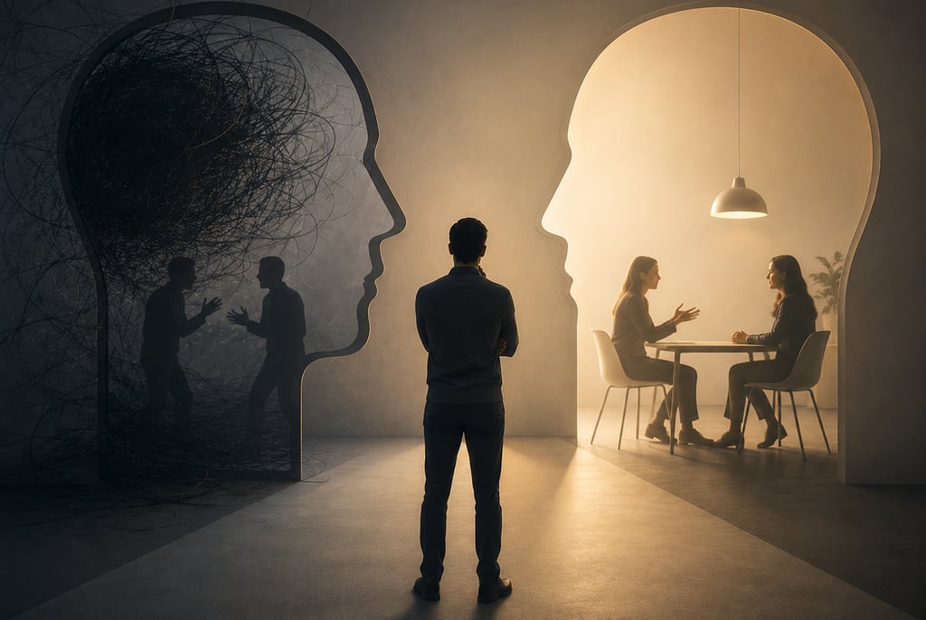 Surreal conceptual art depicting mental health therapy, inner conflict, and psychology through silhouette portals.