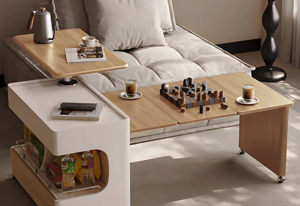 Extendable coffee table with rotating desktop