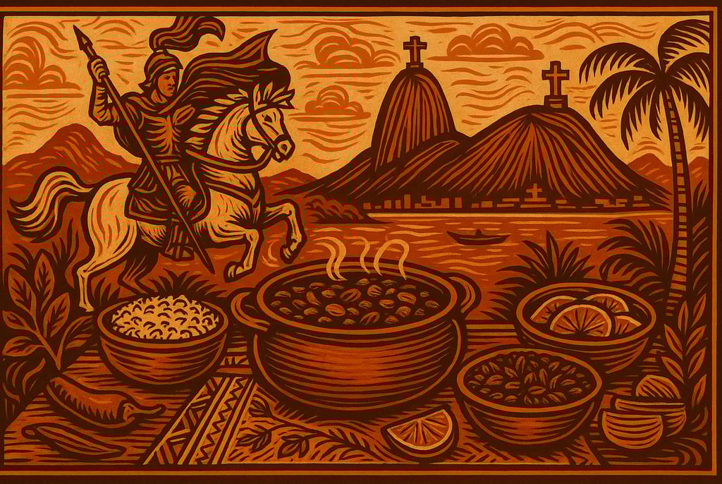 Feijoada tradicional servida no Rio, com São Jorge ao fundo, Cristo Redentor e elementos e