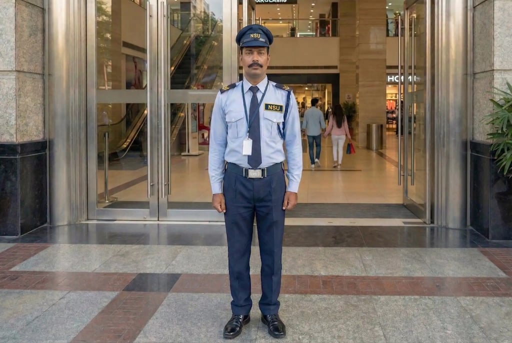 Experienced security guard at the main gate of a mall in Delhi