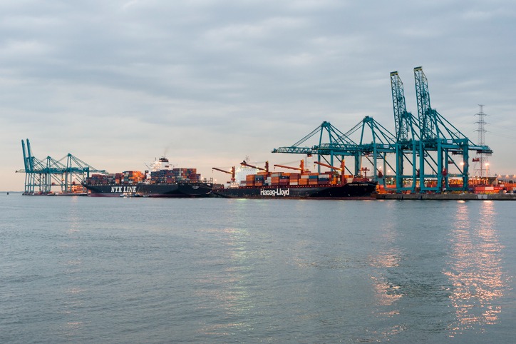 Large cargo container ships docked at a commercial port with industrial cranes for global shipping and logistics.