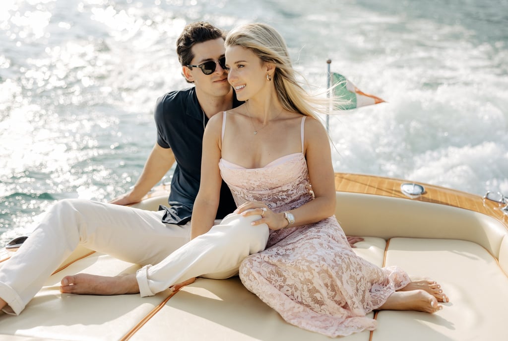 lindsay brewer and drew solomon engagement session on a boat in Lake Como