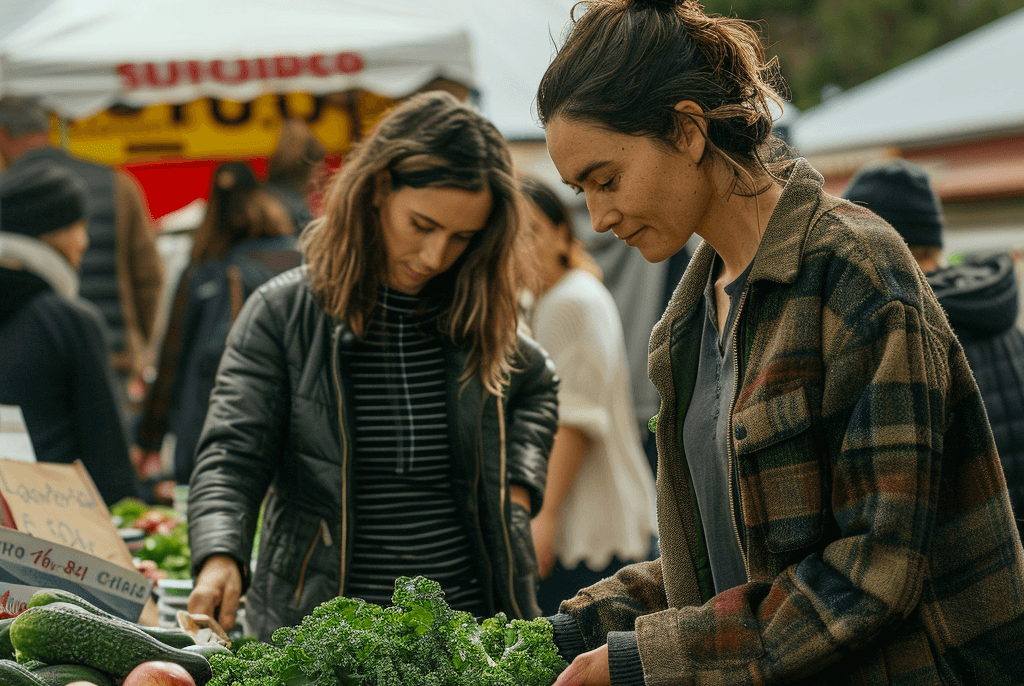 a woman is standing in front of a table with a variety of vegetables