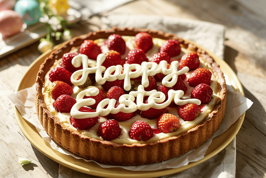 Baked strawberry tart with vanilla cream filling, topped with whole strawberries and white chocolate