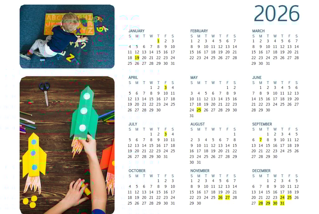 Full 2026 yearly calendar featuring photos of a child playing with letters and paper rocket crafts.